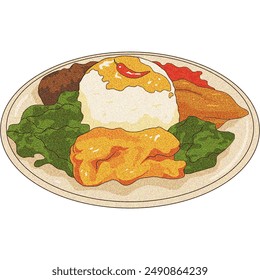 Retro anime-style illustration of Nasi Padang, an Indonesian dish featuring rice, vegetables, and various sides. Perfect for menus, food blogs, and culinary designs