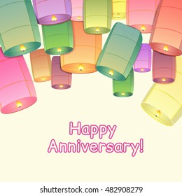 Retro anniversary greeting card with sky lanterns and  and text "happy anniversary". Vector EPS10 illustration.