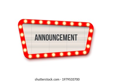 Retro announcement board sign. Cinema billboard or theatre signage, jackpot in lottery victory vector illustration. Red commercial sign board with light bulbs on white background.