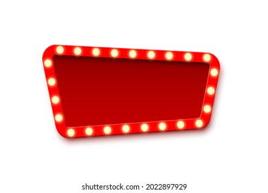 Retro announcement board sign. Cinema billboard or theatre signage, jackpot in lottery victory vector illustration. Red commercial sign board with light bulbs on white background.