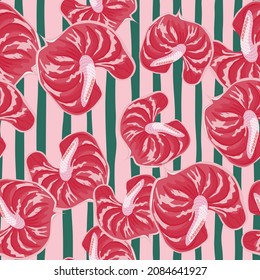 Retro anthurium flowers seamless pattern on stripe background. Exotic hawaiian plants backdrop. Vintage tropical botanical wallpaper. Design for fabric , textile print, surface, wrapping paper, cover