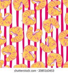 Retro anthurium flowers seamless pattern on stripe background. Vintage tropical botanical wallpaper. Exotic hawaiian plants backdrop. Design for fabric , textile print, surface, wrapping paper, cover