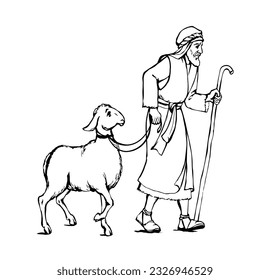 Retro antiqu arab biblic art hand drawn jew guy go bring eid ride holy shear fur wool ritual white male calf pet meat food. East asia israel rustic horn herd slave job God pray asian market work story