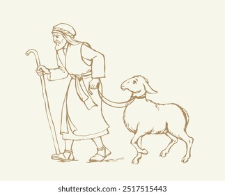 Retro antiqu arab biblic arte desenhada à mão cara judeu vai trazer eid passeio sagrado cisalhamento pelo lã ritual branco bezerro masculino comida de carne de animal de estimação. Ásia oriental israel chifre rústico trabalho escravo Deus rezar mercado asiático história de trabalho