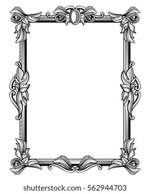 Retro, antique baroque border frame with scroll ornaments vector illustration. Victorian frame with leaves, vintage floral baroque frame