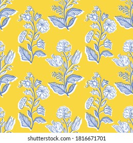 Retro antique floral half drop pattern. Vintage kitchen hand drawn floral bouquet design. Line art florals on cut out shape, vibrant yellow background. Elegant nature background. Perefect for kitchen