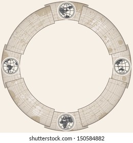 Retro antique frame border with globe and map