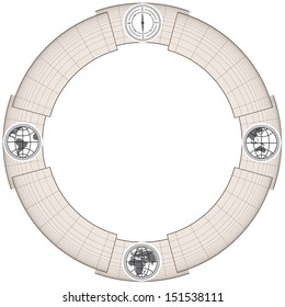 Retro antique frame border with globe, map and compass