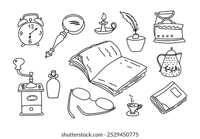 Retro.Set of antique items in  doodle style. Home rest. Books ,glasses,coffee maker, alarm clock, kettle , candle holder .Vector .