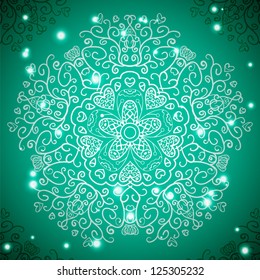 Retro antique ornament background with lights. Vector illustration for your majestic fashion design. Element for web design. Flower round lace holiday wallpaper.