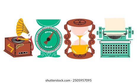 Retro antique set. Vintage technology. Hourglass, typewriter, scales and gramophone with vinyl record