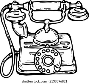 Retro antique telephone from old call centre. Vintage phone from past time for communication, chat, talk. Hand drawn retro vintage vector illustration. Old style comics cartoon line drawing.
