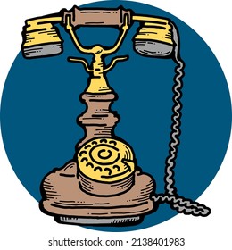 Retro Antique Telephone From Old Call Centre. Vintage Phone From Past Time For Communication, Chat, Talk. Hand Drawn Retro Vintage Colotful Vector Illustration. Old School Comics Cartoon Drawing.