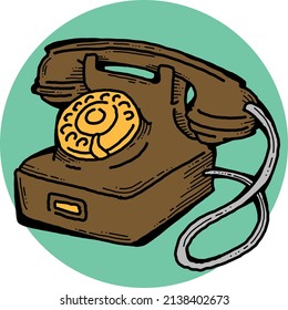 Retro Antique Telephone From Old Call Centre. Vintage Phone From Past Time For Communication, Chat, Talk. Hand Drawn Retro Vintage Colotful Vector Illustration. Old School Comics Cartoon Drawing.