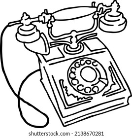 Retro antique telephone from old call centre. Vintage phone from past time for communication, chat, talk. Hand drawn vector illustration. Simple isolated line drawing.