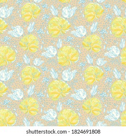 Patrón de media caída de tulipán antiguo retro. Vintage, estilo rústico, ramo de flores a mano. Flores de línea sobre forma de corte, fondo rosado polvoriento. Marco natural elegante. Ideal para la decoración en casa