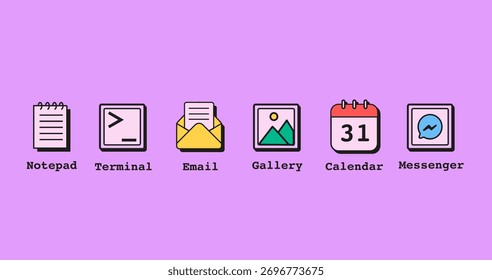 Conjunto de iconos de App retro con el bloc de notas, terminal, correo electrónico, Galería, calendario y símbolos de mensajería. Ilustración vectorial mínima aislada sobre fondo blanco.