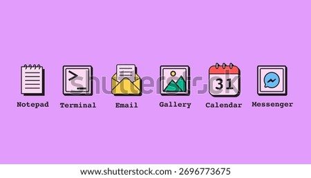 Retro app icons set with notepad, terminal, email, gallery, calendar, and messenger symbols. Minimal vector illustration isolated on white background.