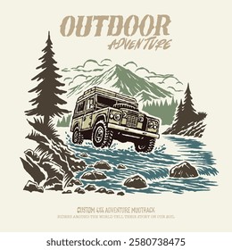 Retro apparel design illustration old car 4x4 adventure journey mountain river offroad