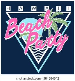 Retro Apparel Graphic. Summer Print. 'Beach Party' Lettering. Vector Illustration. Sunset Graphic with Palm trees.