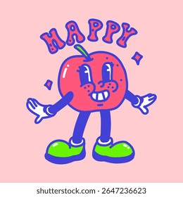 Retro apple character illustration with smiling face and “HAPPY” text. Perfect for greeting cards, cheerful branding, and colorful food-themed designs.