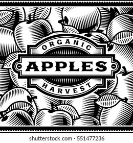 Retro Apple Harvest Label Black And White. Editable vector illustration in woodcut style with clipping mask.