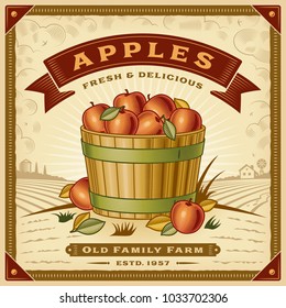 Retro apple harvest label with landscape. Editable EPS10 vector illustration in woodcut style with clipping mask and transparency.