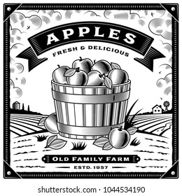 Retro apple harvest label with landscape black and white. Editable vector illustration in woodcut style with clipping mask.