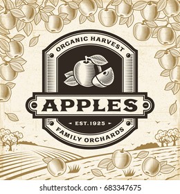 Retro apples label on harvest landscape. Editable EPS10 vector illustration in woodcut style with clipping mask and transparency.