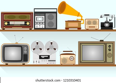 Retro appliances, set of vintage machinery. Retro appliances are on the shelf. Flat design, vector illustration, vector.