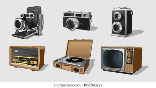 Retro appliances, set of vintage machinery. Collection with retro vintage radio, TV, photo cameras, turntable vinil record. 3d design, vector illustration, vector