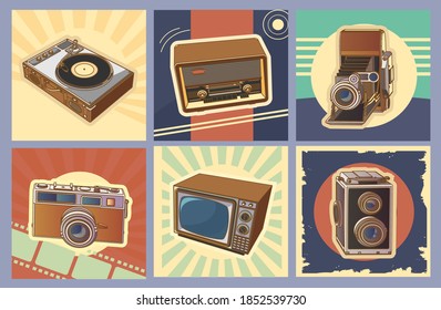 Retro-Geräte, Set von Vintage-Maschinen. Kollektion mit Retro-Vintage Radio, TV, Fotokameras, drehbaren Vinil-Schallplattenkasten im Vintage-Design. 3D-Design, Vektorgrafik, Vektorgrafik