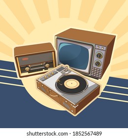 Retro appliances, square card of vintage machinery. Collection with retro vintage radio, TV, turntable vinil record. 3d design, vector illustration, vector