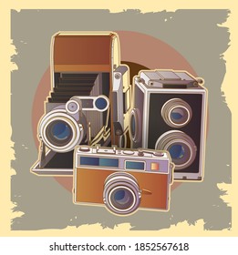Retro appliances,square card of vintage machinery. Collection with retro vintage photo cameras. 3d design, vector illustration, vector