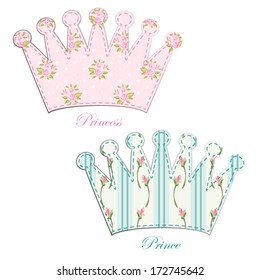 Retro applique of fabric crown in shabby chic style for baby shower or as decorative element for child birthday invitation
