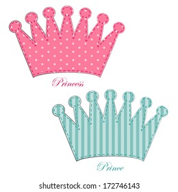 Retro applique of fabric crown in shabby chic style for baby shower or as decorative element for child birthday invitation