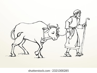 Retro arab biblic art hand drawn sketch jew guy bring go ride holy kurban ritual yoke breed male pet meat food. East asia israel herd labor job God pray qurban field road asian market story text space