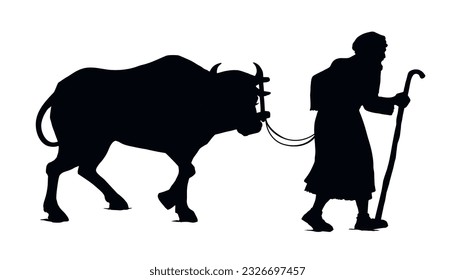 Retro arab biblic art hand drawn sketch jew guy bring go ride holy kurban ritual yoke breed male pet meat food. East asia israel herd labor job God pray qurban field road asian market story text space
