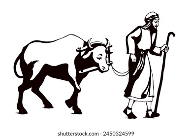 Retro arab biblic art hand drawn sketch jew guy bring go ride holy kurban ritual yoke breed male pet meat food. East asia israel herd labor job God pray qurban field road asian market story text space