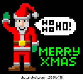 Retro arcade 8-bit video game style pixel art Christmas Santa waving with Merry Xmas message