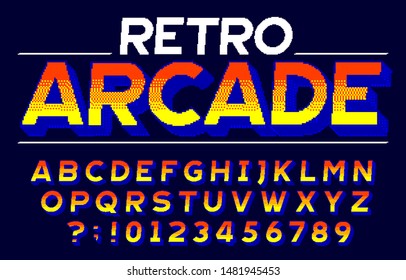 Retro Arcade alphabet font. 3D pixel letters and numbers. Retro 80s video game typescript.