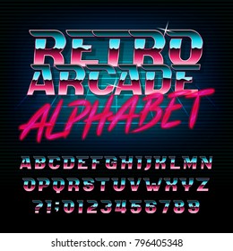 Retro arcade alphabet font. Metallic effect shiny oblique letters and numbers. Vector typeface for your design.