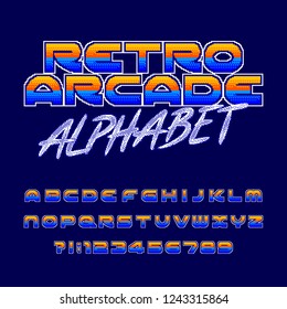 Retro arcade alphabet font. Pixel gradient letters and numbers. 80s video game typography.