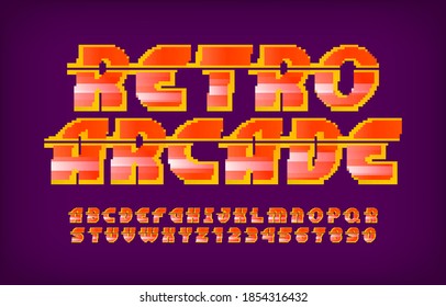 Retro Arcade alphabet font. Pixel letters, numbers and symbols. 80s arcade video game typescript.