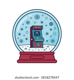 A retro arcade cabinet inside a winter snow globe.