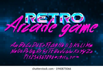 Retro Arcade Game Alphabet Font. Pixel Script Letters, Numbers And Punctuations. Pixel Background. 80s Arcade Video Game Typescript.