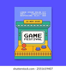 Retro Arcade Game Festival Poster Design Featuring Classic Game Console  with Cartoon Vector Hand drawn Retro Vintage Illustration Style Perfect for Promotional Game Event