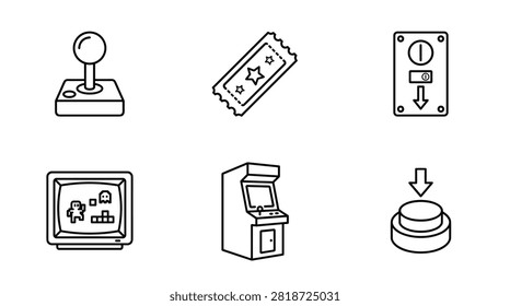 Retro arcade game icons including joystick, ticket, coin slot, vintage monitor, arcade cabinet, and push button