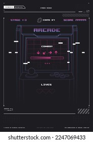 Retro arcade game machine. Retro gaming, Game of 80s-90s. Neon illustration. Technology and entertainment concept. Advertisement design.