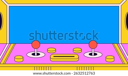 Retro arcade game machine interface with pink control panel and large empty blue screen for arcade cabinets background cartoon hand drawn illustration
